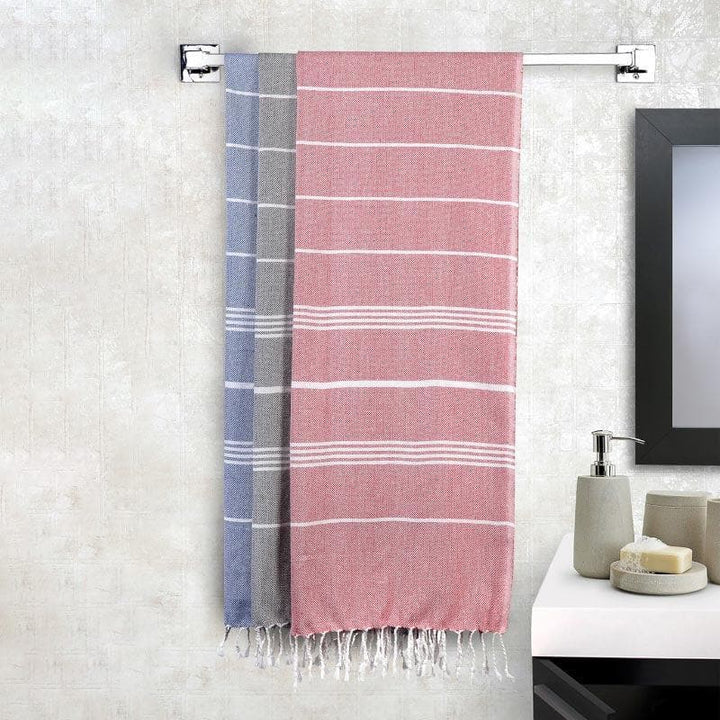 Buy Pure Delight Towels (Blue, Grey & Red) - Set Of Three at Vaaree online | Beautiful Bath Towels to choose from
