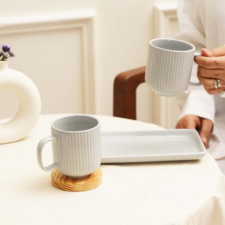 Buy Cristie Ribbed Mugs And Tray Set (Grey) - Set Of Three at Vaaree online | Beautiful Mug & Tea Cup to choose from