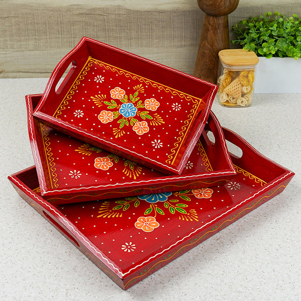 Serving Tray - Binayi Ethnic Handpainted Serving Tray - Set Of Three