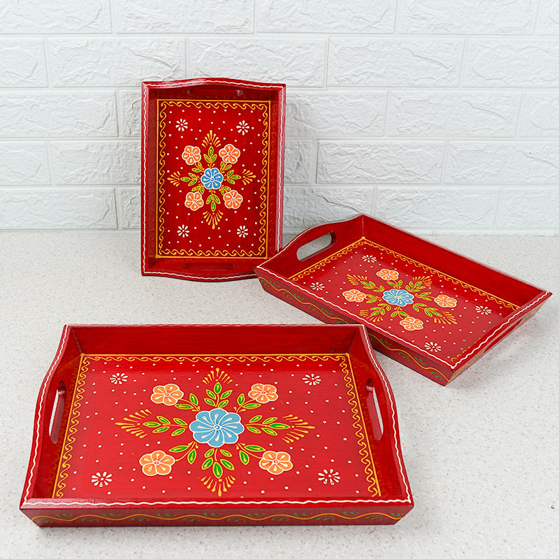 Serving Tray - Binayi Ethnic Handpainted Serving Tray - Set Of Three