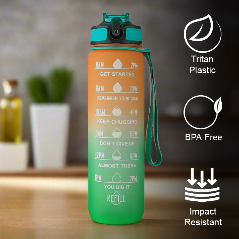 Buy Motivational Water Bottle With Time Marker (1000 ML) - Green & Orange Bottle from Vaaree