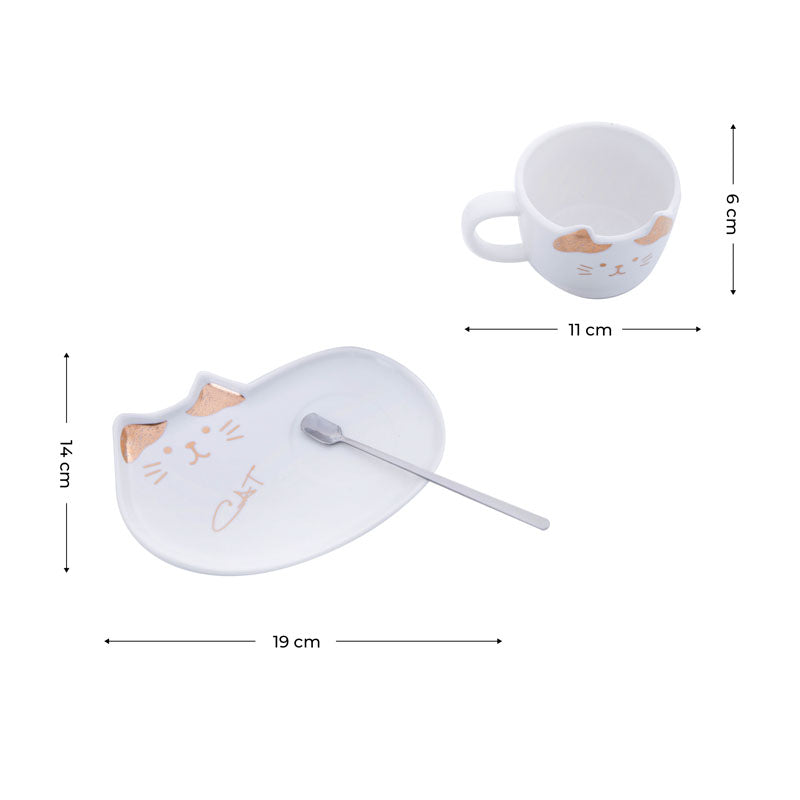 Buy Whisker Tales White Mug & Snack Plate (200 ML) - Three Piece Set Tea Cup & Saucer from Vaaree