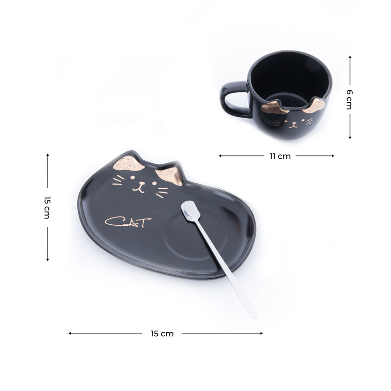 Buy Whisker Tales Black Mug & Snack Plate (200 ML) - Three Piece Set Tea Cup & Saucer from Vaaree