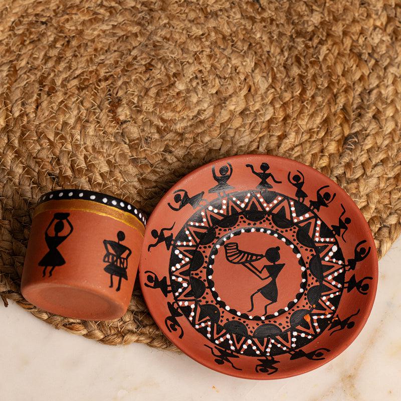 Buy Warli Wisp Handpainted Terracotta Kulhad - Set Of Two Tea Cup & Saucer from Vaaree