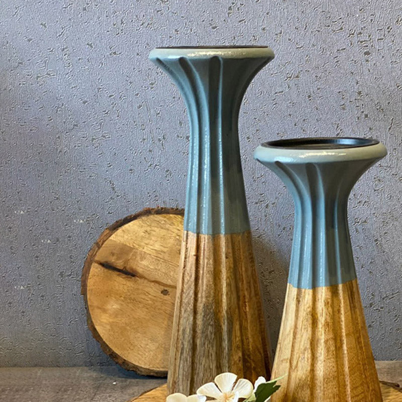 Buy Ember Chromo Mangowood Candle Holder - Blue & Brown Candle Holders from Vaaree