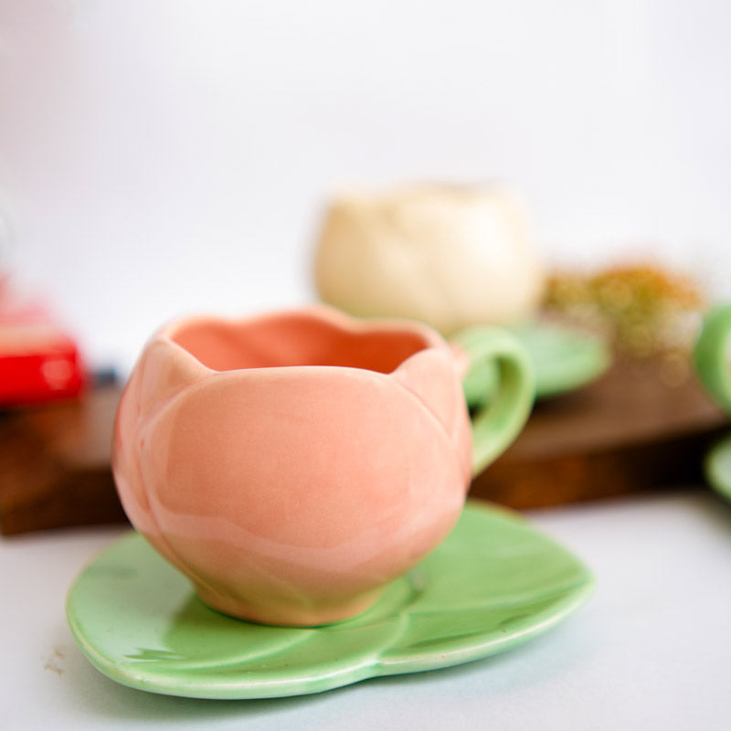 Buy Tulip Glaze Pink & Green Mug & Saucer (300 Ml) - Two Piece Set Gift Box from Vaaree