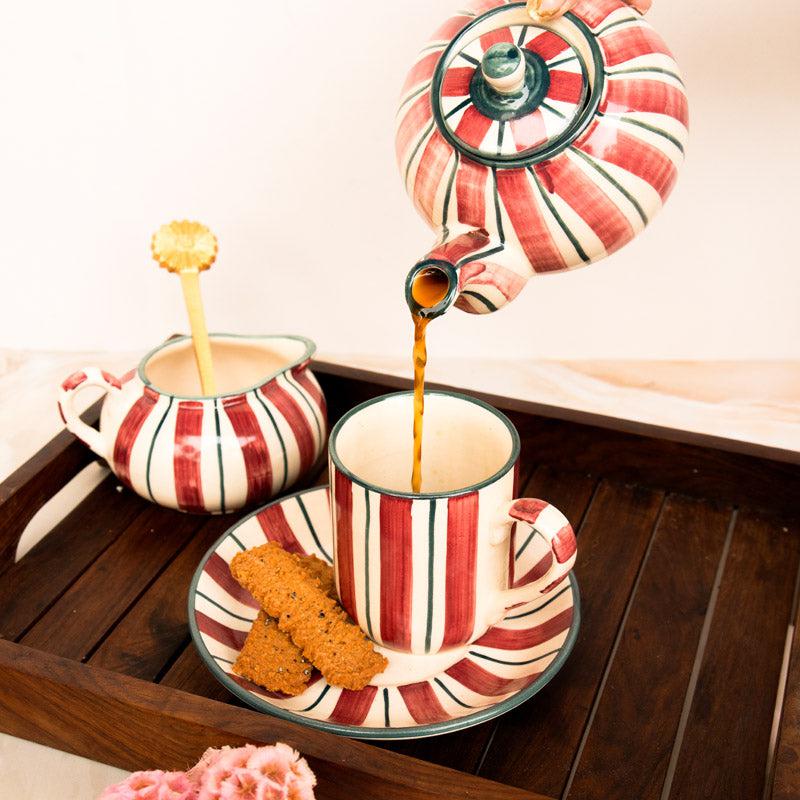 Buy Crimson Stripe Tea Set - Tea Cup & Saucer from Vaaree