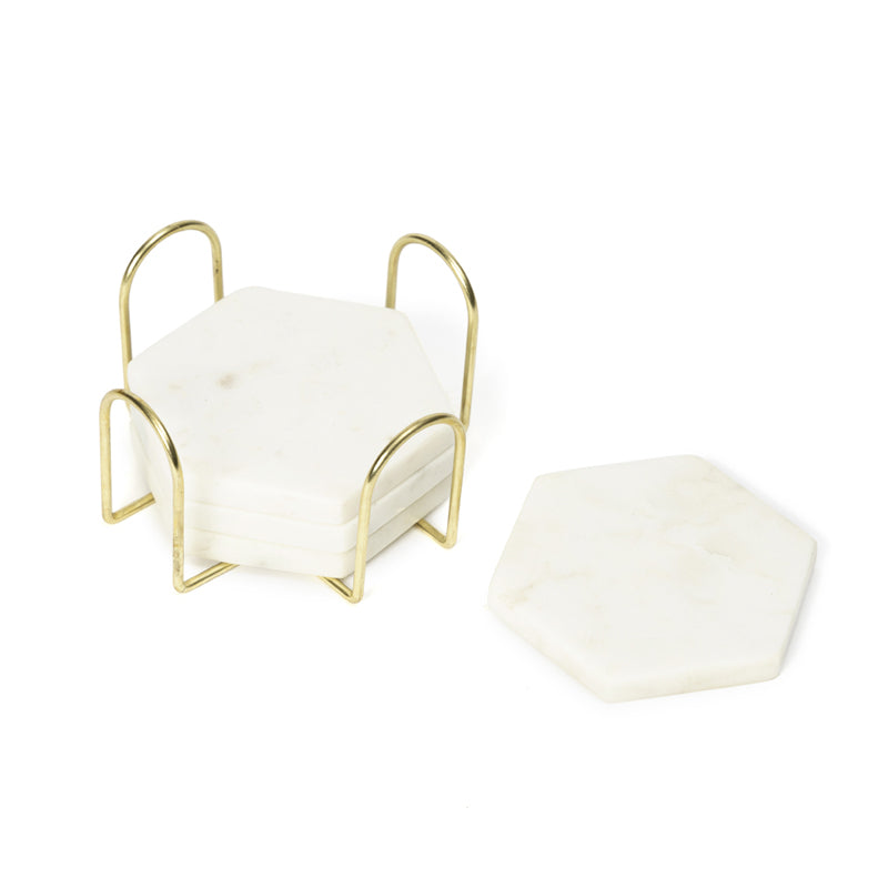 Buy Vidra Hexa Square Marble Coaster With Gold Stand - Five Piece Set Coasters from Vaaree