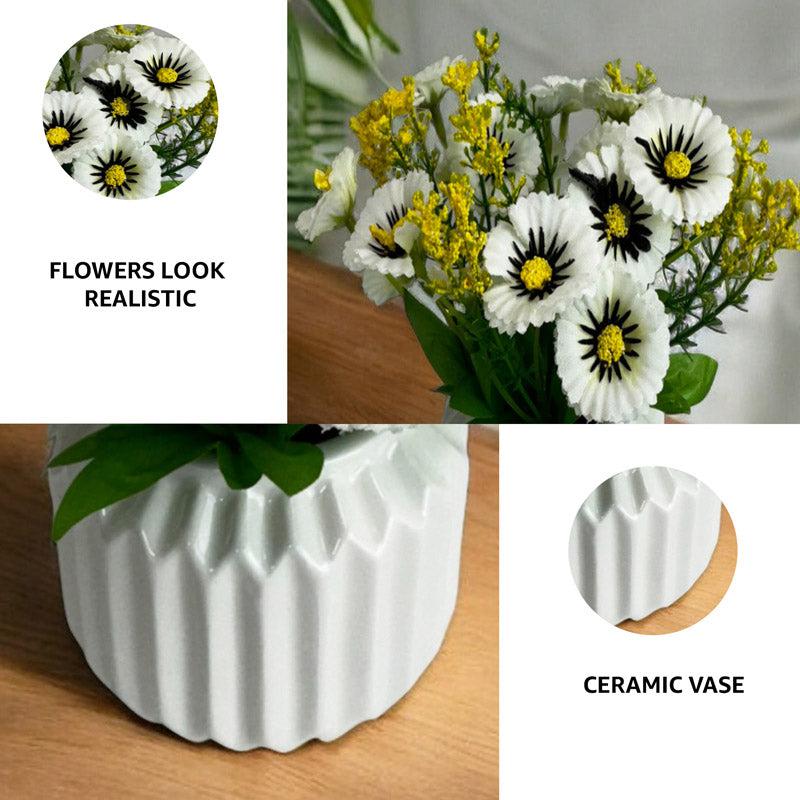 Buy Faux Aster Plant With Pot - White & Yellow Artificial Plants from Vaaree