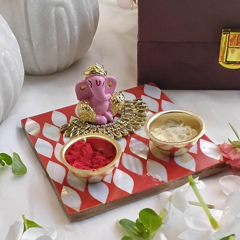 Buy Ganpathi Festive Mother Of Pearl Pooja Thali Gift Box - Red Pooja Thali & Sets from Vaaree