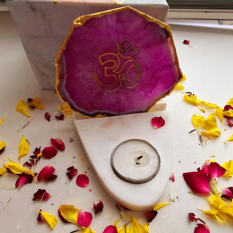 Buy Om Agate & Marble Tealight Candle Holder - Pink Gift Box from Vaaree