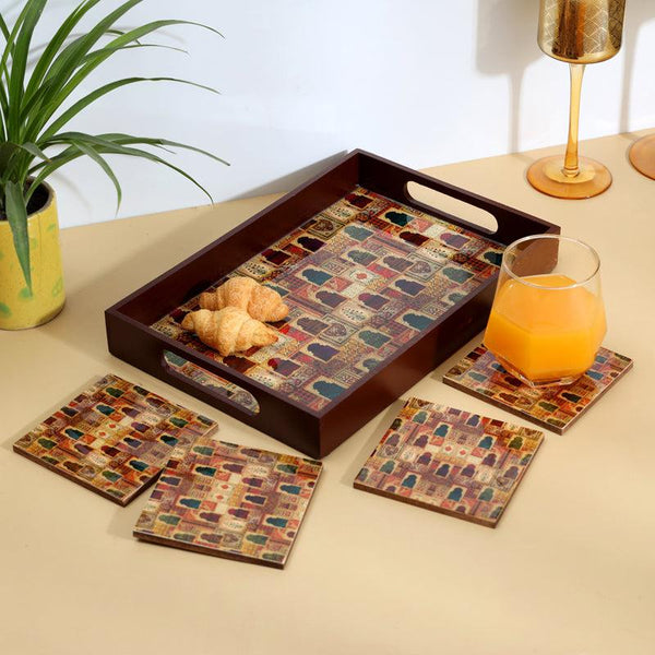 Mughal Era Handmade Serving Tray With Coasters - Five Piece Set