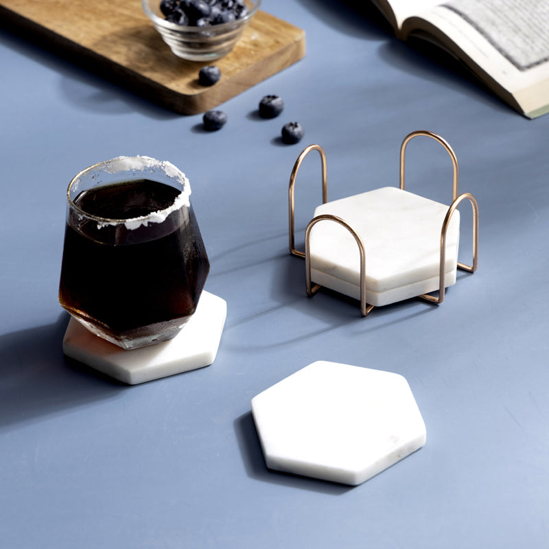 Buy Vidra Hexa Marble Coaster With Copper Stand - Five Piece Set Coasters from Vaaree