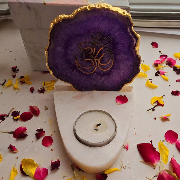 Buy Om Agate & Marble Tealight Candle Holder - Purple Gift Box from Vaaree