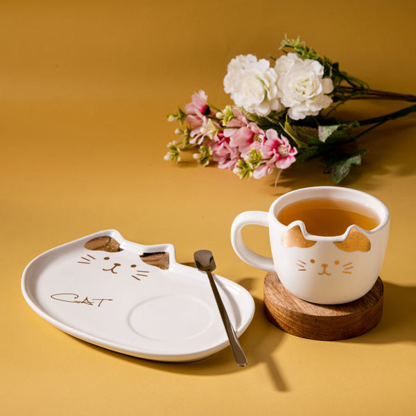 Buy Whisker Tales White Mug & Snack Plate (200 ML) - Three Piece Set Tea Cup & Saucer from Vaaree