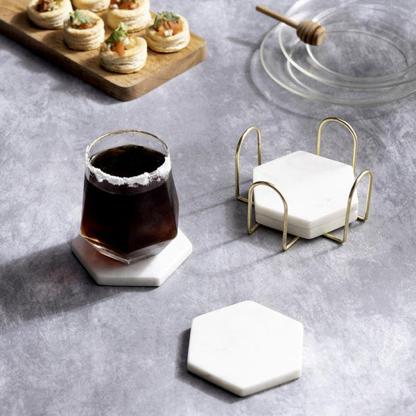 Buy Vidra Hexa Square Marble Coaster With Gold Stand - Five Piece Set Coasters from Vaaree