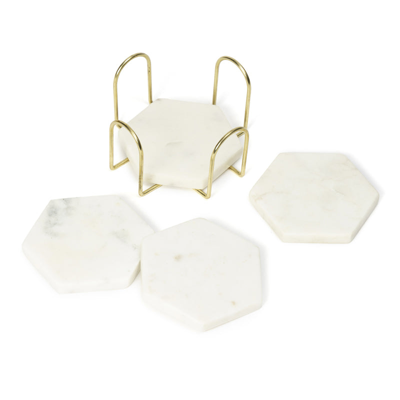 Buy Vidra Hexa Square Marble Coaster With Gold Stand - Five Piece Set Coasters from Vaaree