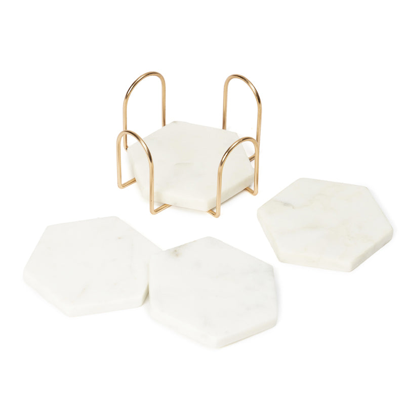 Buy Vidra Hexa Marble Coaster With Copper Stand - Five Piece Set Coasters from Vaaree