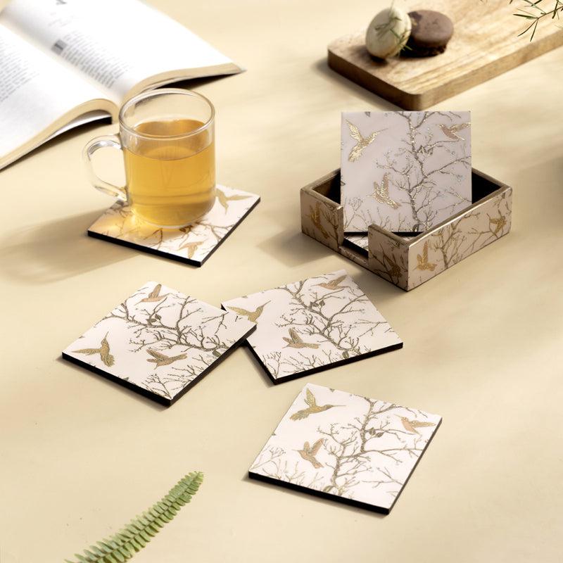 Buy Bird Haven Coaster With Stand (Beige) - Seven Piece Set Coasters from Vaaree