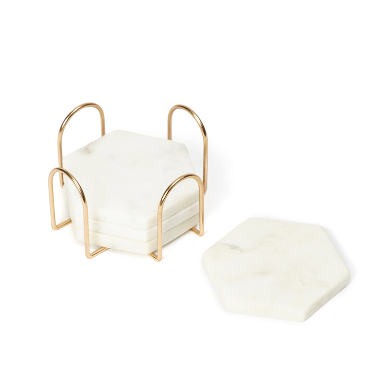 Buy Vidra Hexa Marble Coaster With Copper Stand - Five Piece Set Coasters from Vaaree