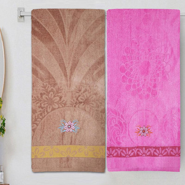 Buy Reto Flora Bath Towel (Pink & Brown) - Set Of Two Bath Towels from Vaaree