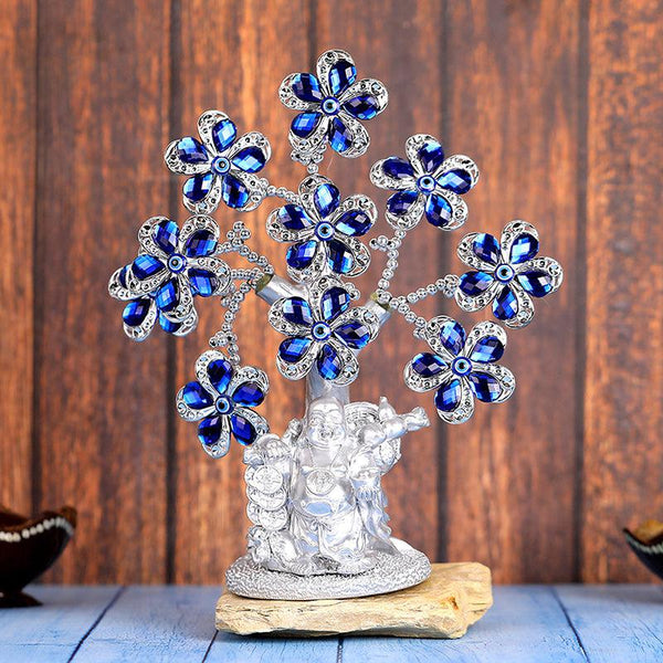 Buy Laughing Buddha Tree Of Life Showpiece - Blue & Silver Showpieces from Vaaree