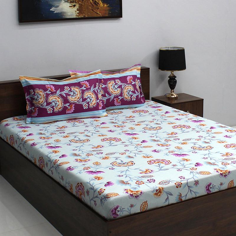 Bedsheets - Siya Floral Bedsheet - Violet & Light Blue