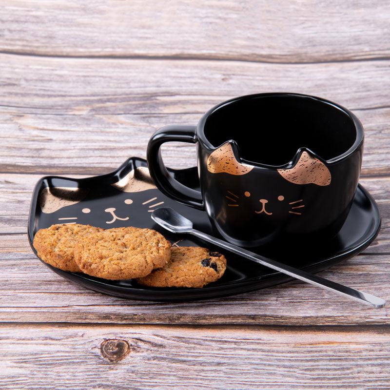 Buy Whisker Tales Black Mug & Snack Plate (200 ML) - Three Piece Set Tea Cup & Saucer from Vaaree