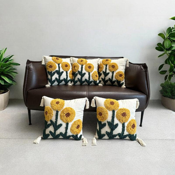 Buy Sunflower Garden Tufted Cushion Cover - Set Of Five Cushion Cover Sets from Vaaree