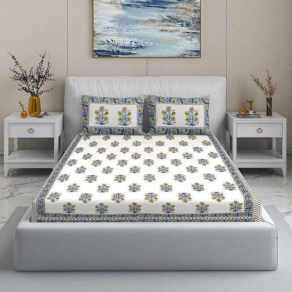 Buy Bloomy Ethnic Bedsheet - Blue & White Bedsheets from Vaaree