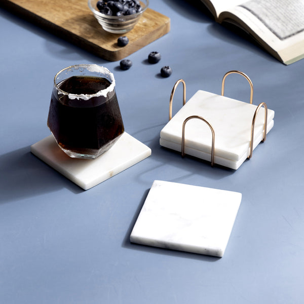 Buy Vidra Square Marble Coaster With Copper Stand - Five Piece Set Coasters from Vaaree