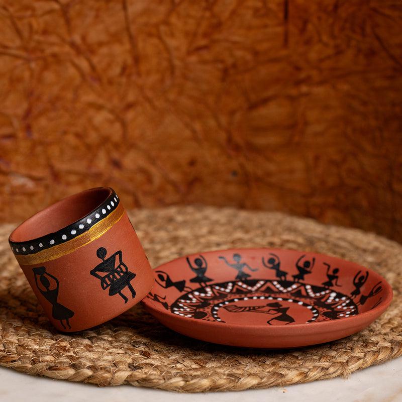 Buy Warli Wisp Handpainted Terracotta Kulhad - Set Of Two Tea Cup & Saucer from Vaaree