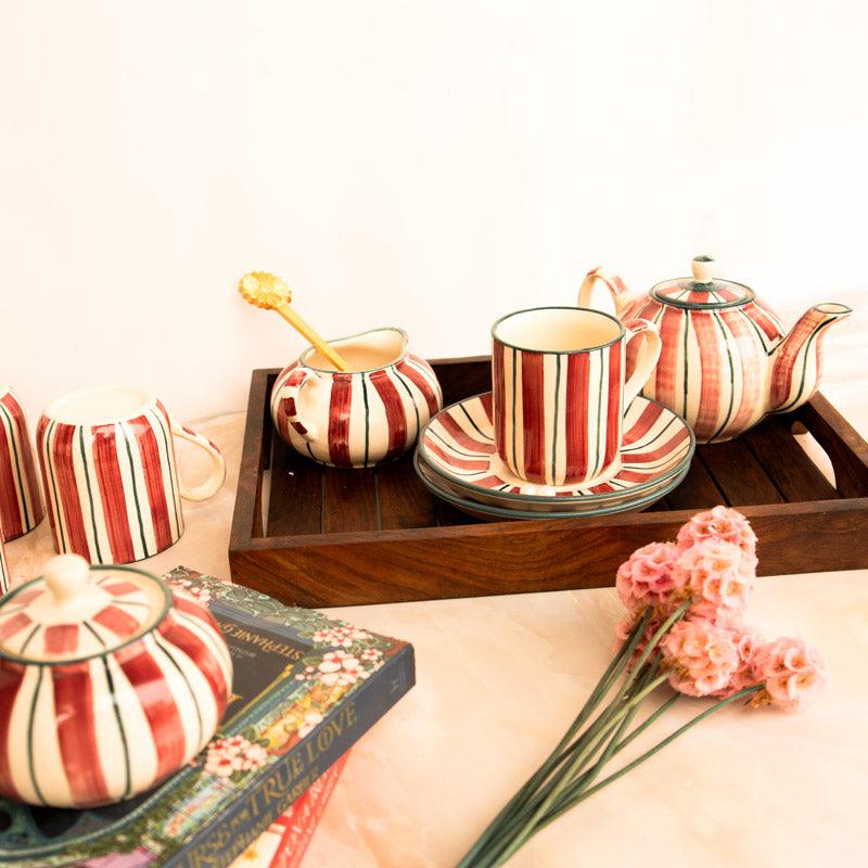 Buy Crimson Stripe Tea Set - Tea Cup & Saucer from Vaaree