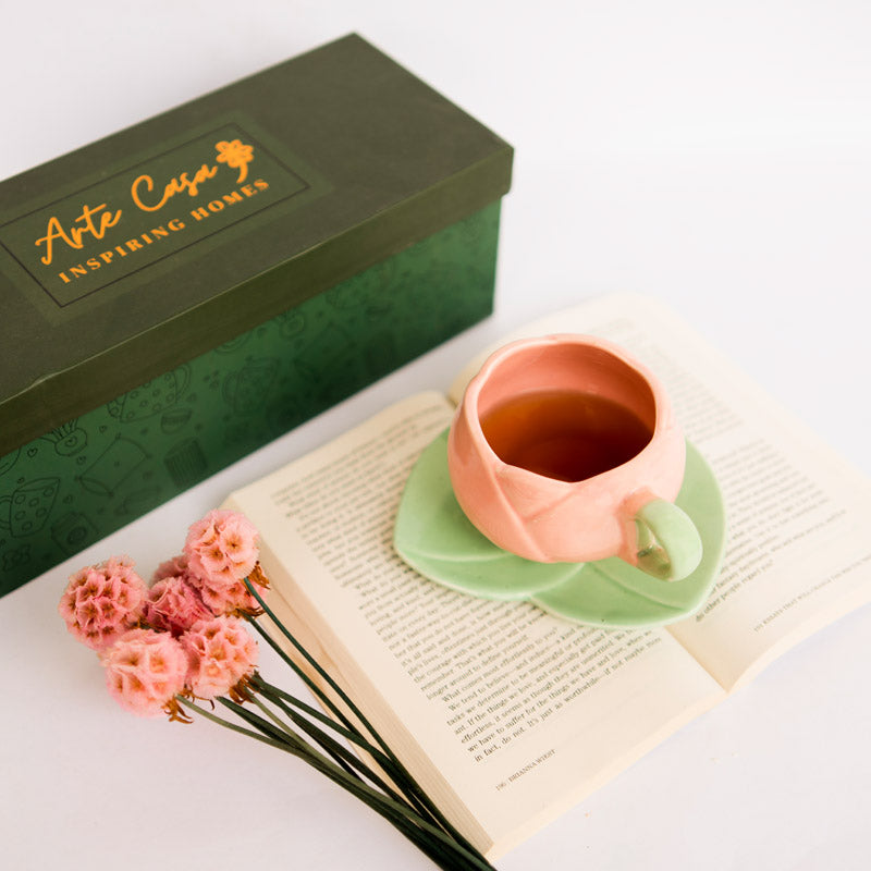 Buy Tulip Glaze Pink & Green Mug & Saucer (300 Ml) - Two Piece Set Gift Box from Vaaree