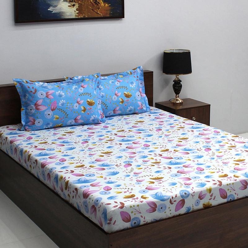 Buy Vidhi Floral Bedsheet - White & Blue Bedsheets from Vaaree