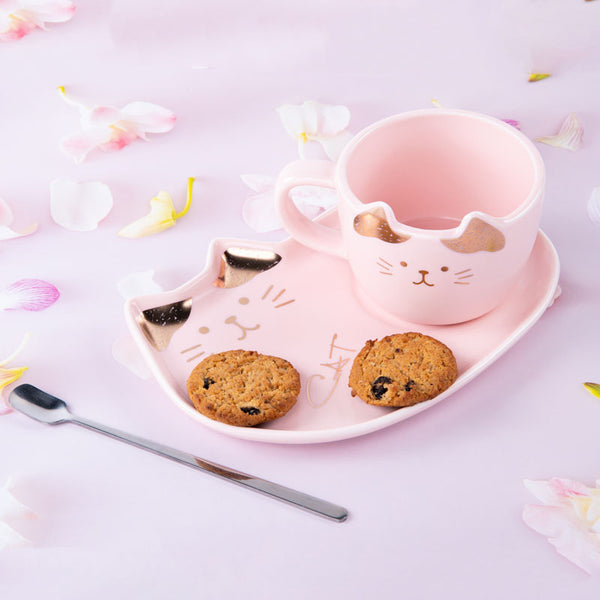 Buy Whisker Tales Pink Mug & Snack Plate (200 ML) - Three Piece Set Tea Cup & Saucer from Vaaree