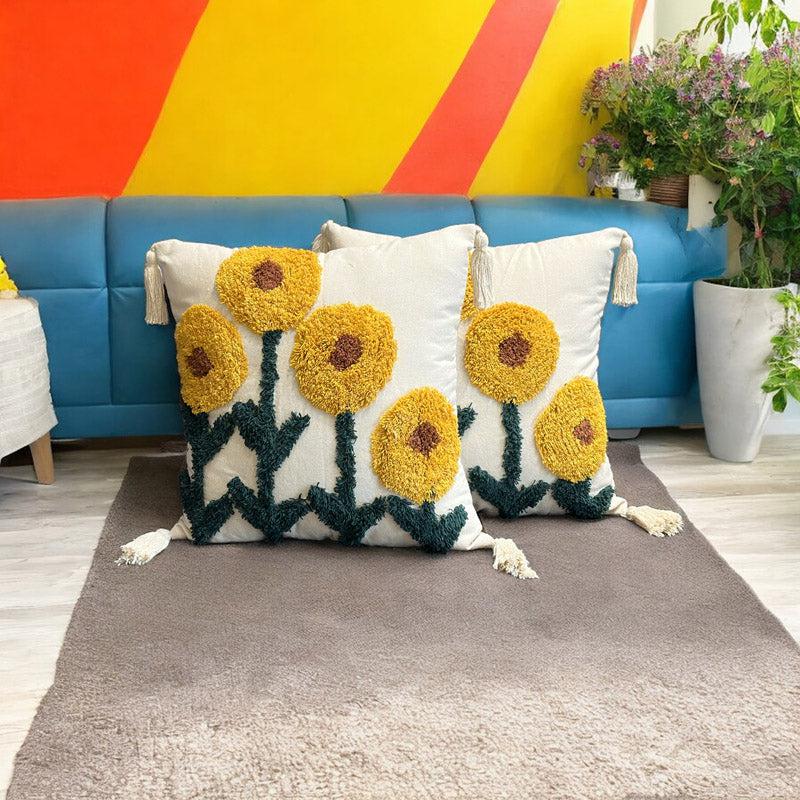 Buy Sunflower Garden Tufted Cushion Cover - Set Of Two Cushion Cover Sets from Vaaree