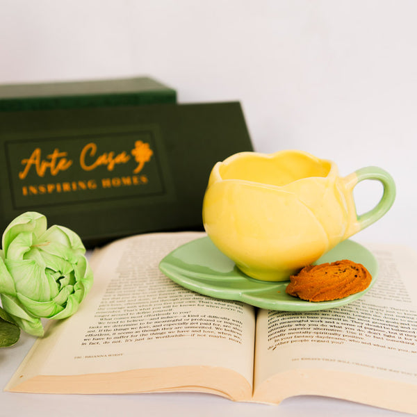 Buy Tulip Glaze Yellow & Green Mug & Saucer (300 Ml) - Two Piece Set Gift Box from Vaaree