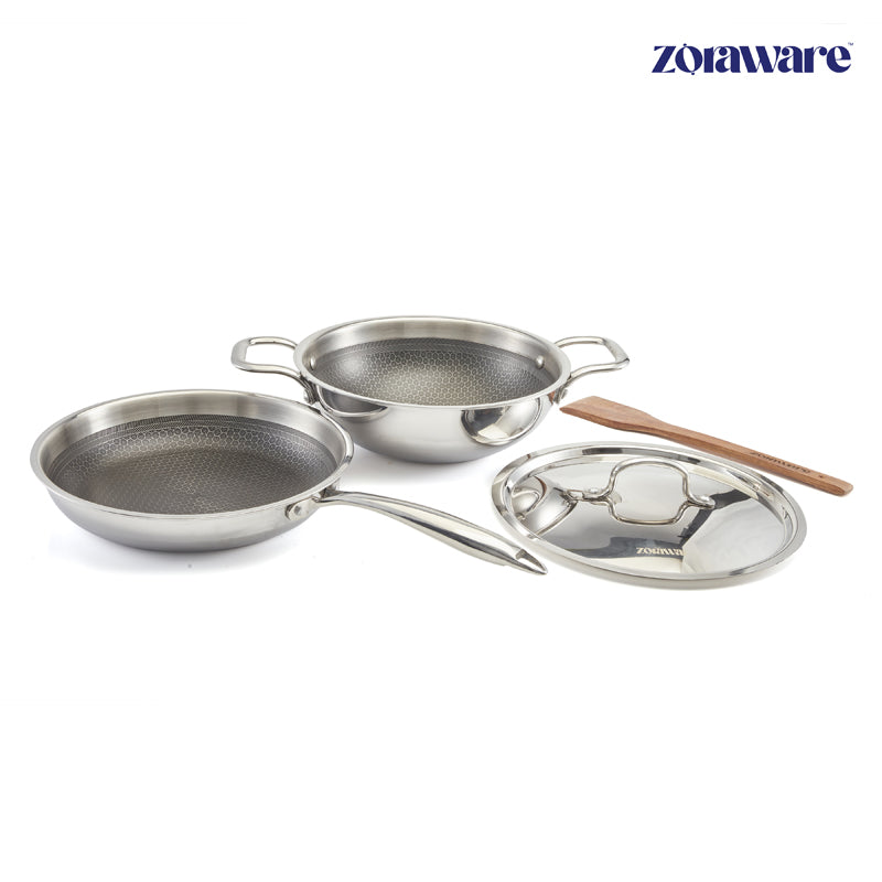 Buy Zoraware Honeycomb Kadhai 2500 ML With Frying Pan (10 Inches) - Two Piece Set Cookware Sets from Vaaree