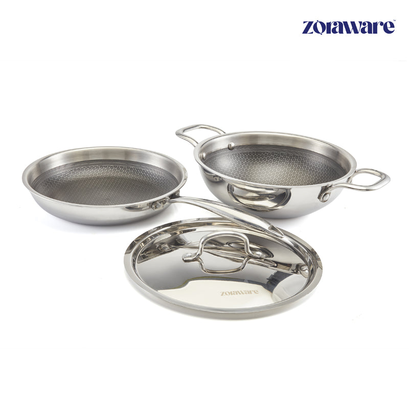 Buy Zoraware Honeycomb Kadhai 2500 ML With Frying Pan (10 Inches) - Two Piece Set Cookware Sets from Vaaree