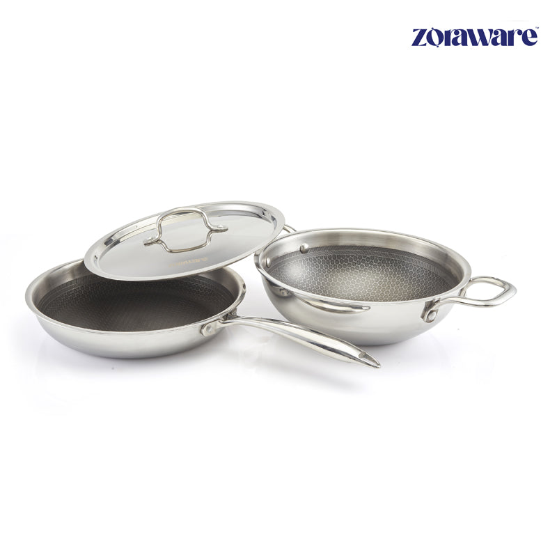 Buy Zoraware Honeycomb Kadhai 2500 ML With Frying Pan (10 Inches) - Two Piece Set Cookware Sets from Vaaree