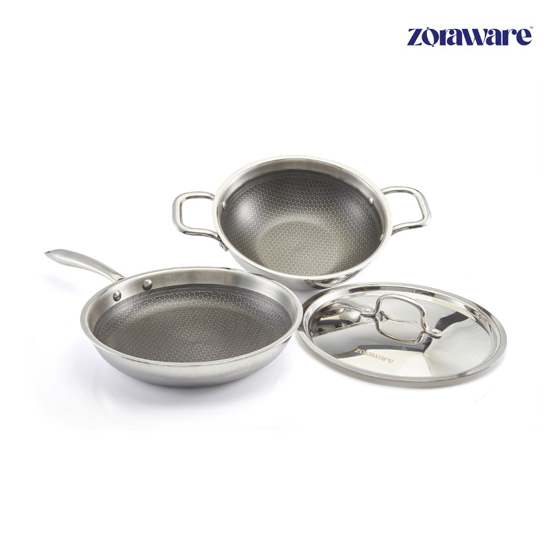 Buy Zoraware Honeycomb Kadhai 2500 ML With Frying Pan (10 Inches) - Two Piece Set Cookware Sets from Vaaree