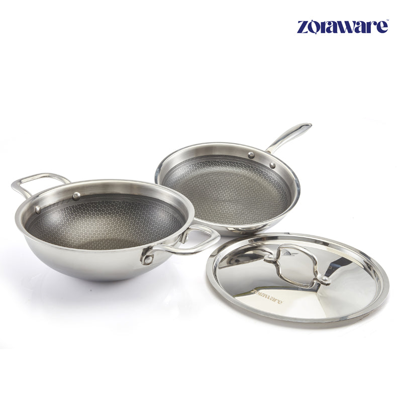 Buy Zoraware Honeycomb Kadhai 3600 ML With Frying Pan (11 Inches) - Two Piece Set Cookware Sets from Vaaree