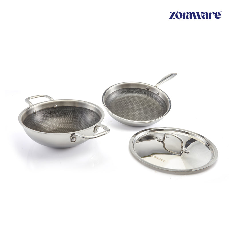 Buy Zoraware Honeycomb Kadhai 2500 ML With Frying Pan (10 Inches) - Two Piece Set Cookware Sets from Vaaree