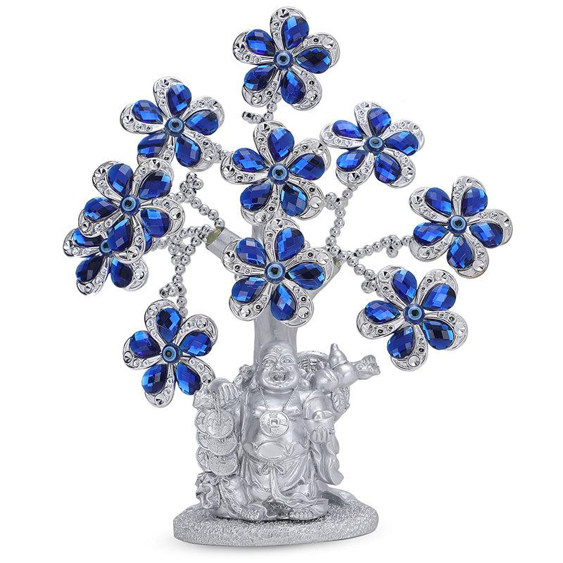 Buy Laughing Buddha Tree Of Life Showpiece - Blue & Silver Showpieces from Vaaree