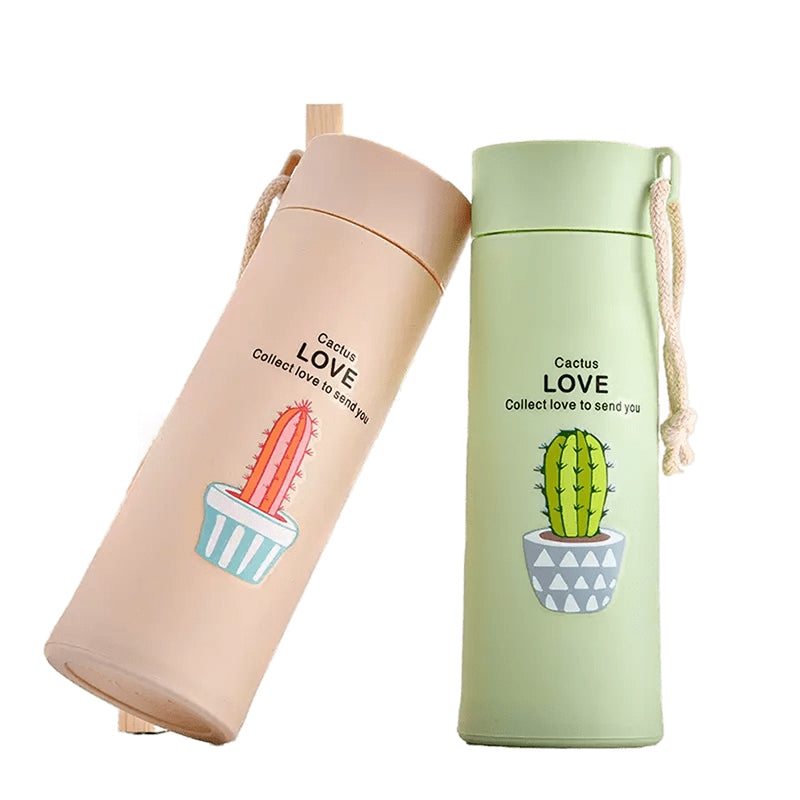 Bottle - Cacti Clan 400 ML Water Bottle (Peach & Green) - Set Of Two