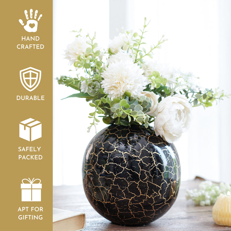 Vase - Manva Crackled Ball Vase (Black) - Large