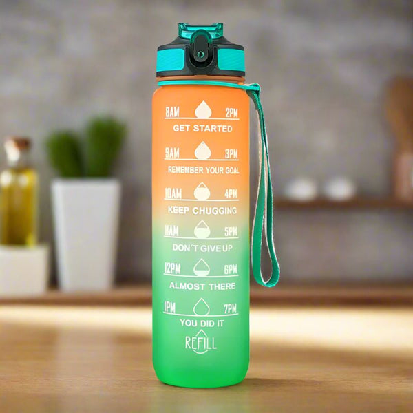 Buy Motivational Water Bottle With Time Marker (1000 ML) - Green & Orange Bottle from Vaaree