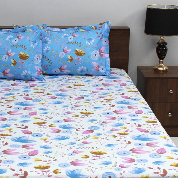 Bedsheets - Vidhi Floral Bedsheet - White & Blue