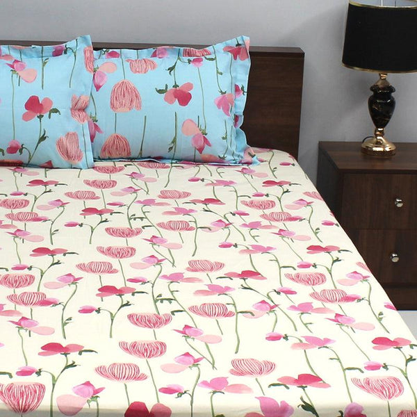 Bedsheets - Prisha Floral Bedsheet - Blue & Pink